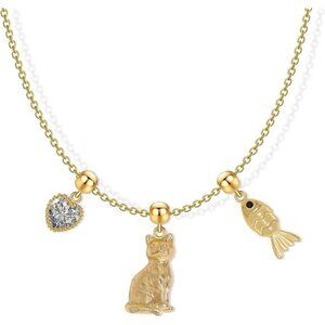 🐾 Charming Cat Pendant Necklace – Gold or Silver Tone | Kitty + Crystal Heart